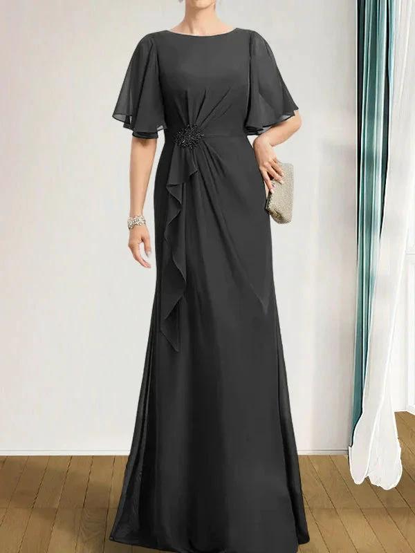 A-line Scoop Floor-Length Chiffon Mother of the Bride Dress With Cascading Ruffles Beading Sequins by Dreamylily