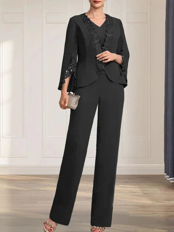 Separates Jumpsuit/Pantsuit V-Neck Floor-Length Chiffon Mother of the Bride Dress by Dreamylily