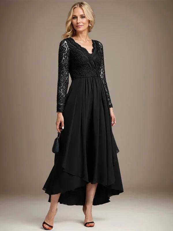A-line V-Neck Asymmetrical Lace Chiffon Mother of the Bride Dress by Dreamylily