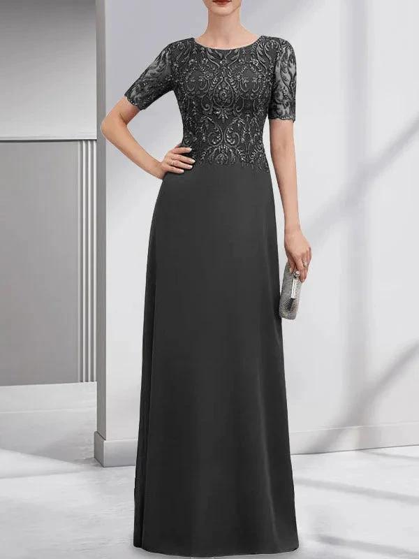 A-line Scoop Floor-Length Lace Chiffon Mother of the Bride Dress With Sequins by Dreamylily