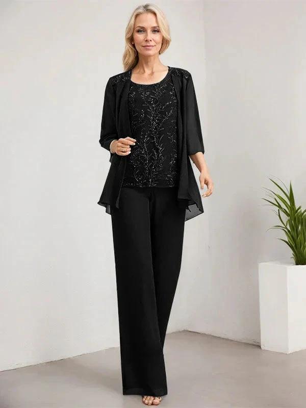 Separates Jumpsuit/Pantsuit Scoop Floor-Length Lace Chiffon Mother of the Bride Dress With Sequins by Dreamylily