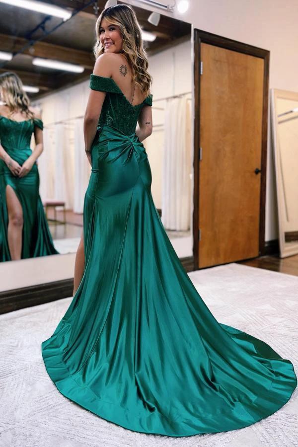 Off-the-shoulder Mermaid Satin Lace Long Prom Dresses With Split by BIZTUNNEL