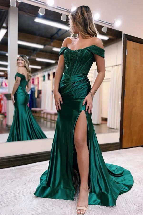 Off-the-shoulder Mermaid Satin Lace Long Prom Dresses With Split by BIZTUNNEL