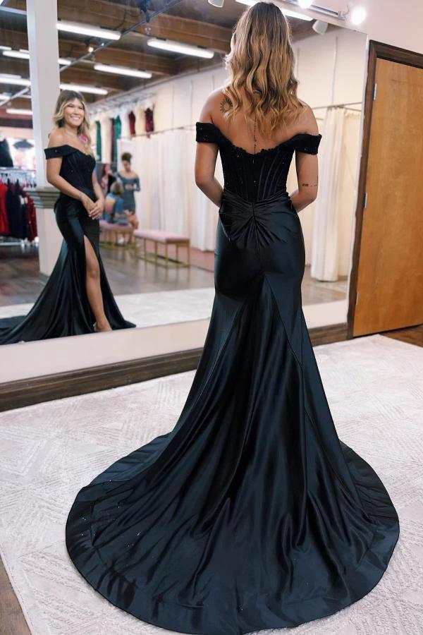Off-the-shoulder Mermaid Satin Lace Long Prom Dresses With Split by BIZTUNNEL