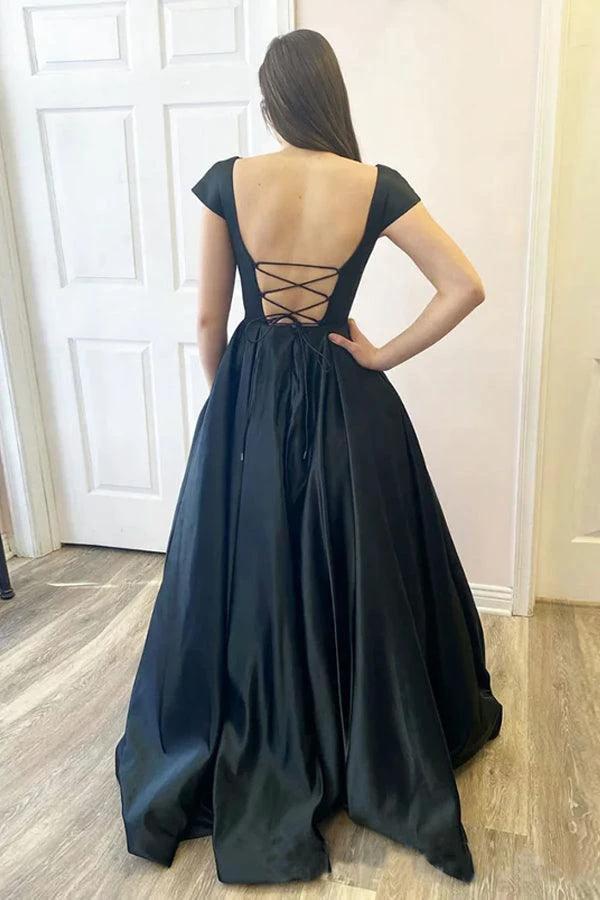 Black A Line Satin Open Black Cap Sleeves Long Prom Dresses PSK373 by pgmdress