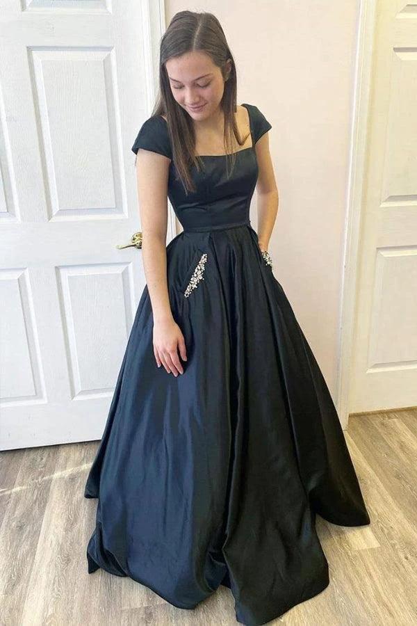 Black A Line Satin Open Black Cap Sleeves Long Prom Dresses PSK373 by pgmdress