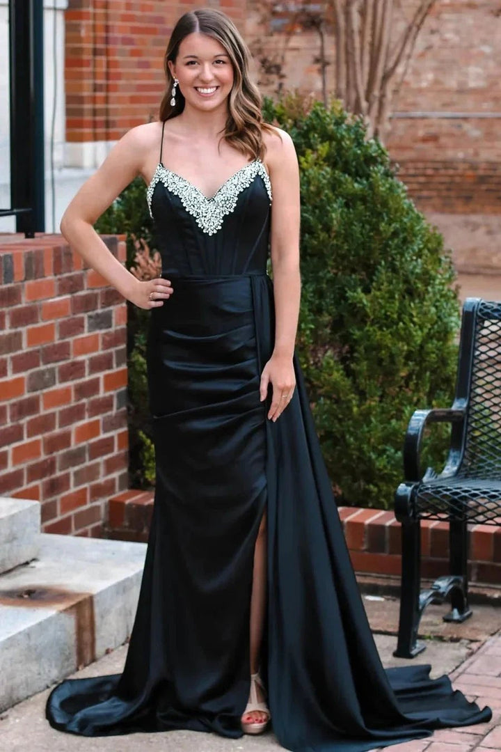 Black Beading V-Neck Long Prom Dress with Attached Train PSK482 by pgmdress