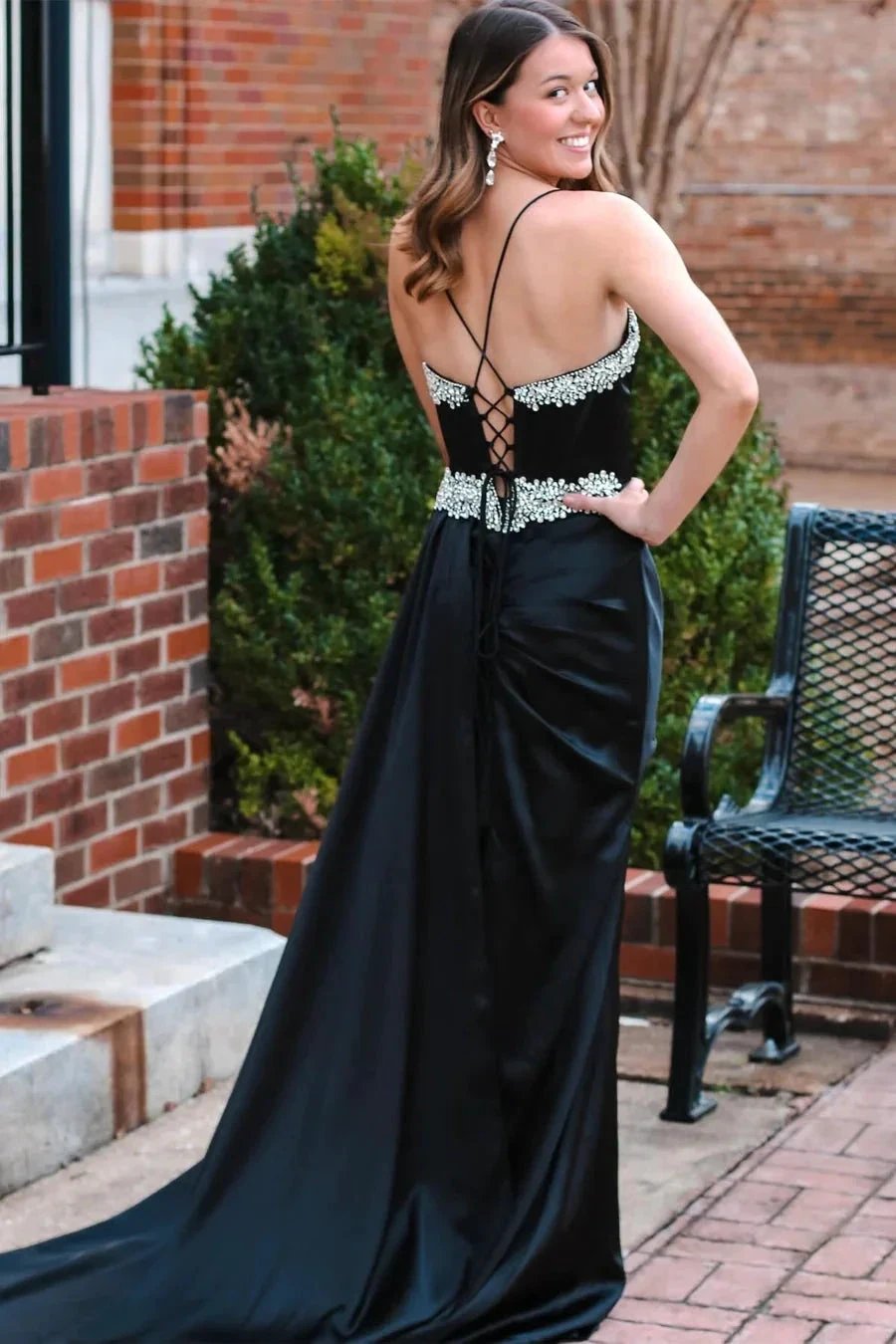 Black Beading V-Neck Long Prom Dress with Attached Train PSK482 by pgmdress