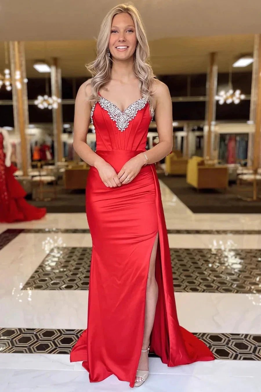 Black Beading V-Neck Long Prom Dress with Attached Train PSK482 by pgmdress