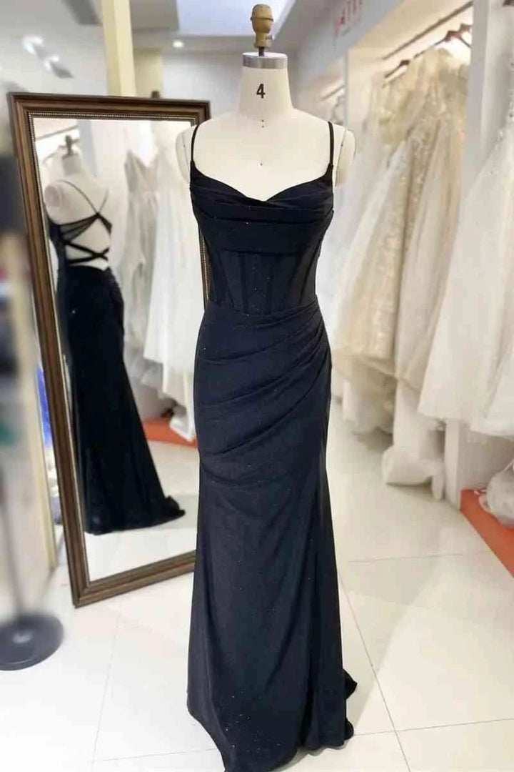Black Pleated Prom Dress With Spaghetti Straps SYP119 by vivymakudress