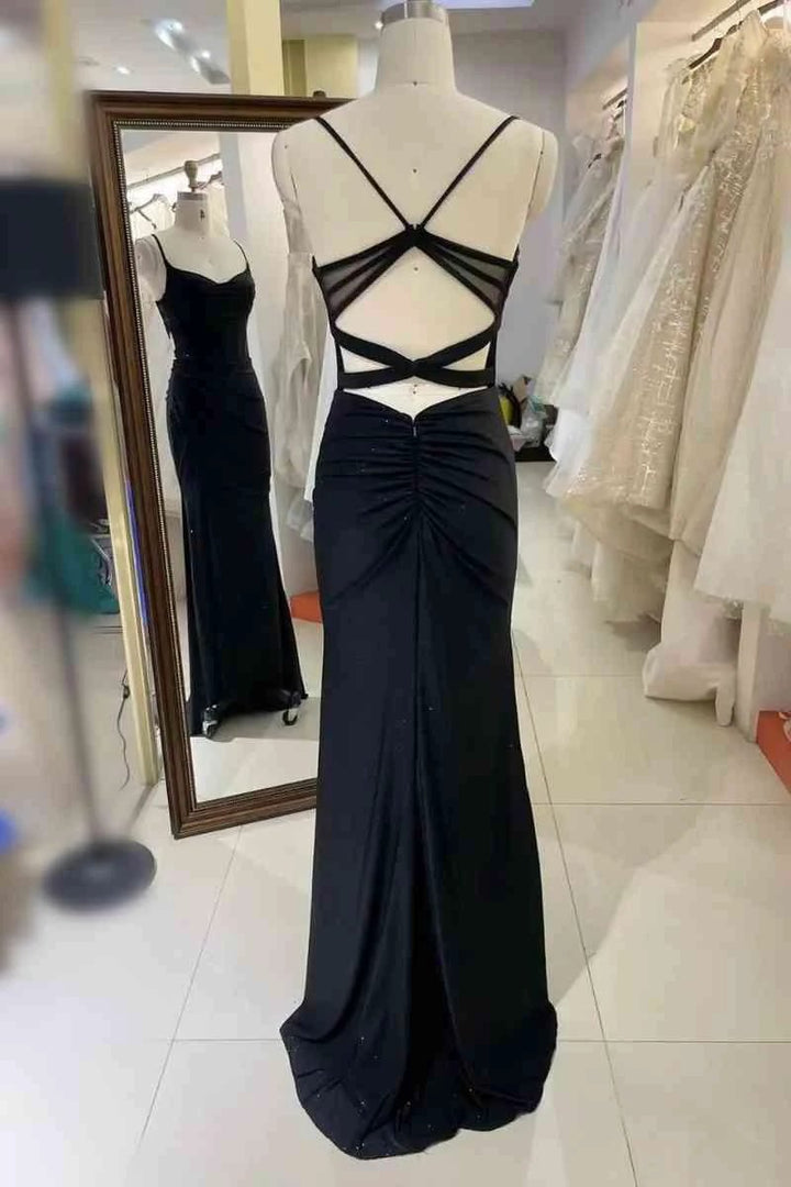 Black Pleated Prom Dress With Spaghetti Straps SYP119 by vivymakudress