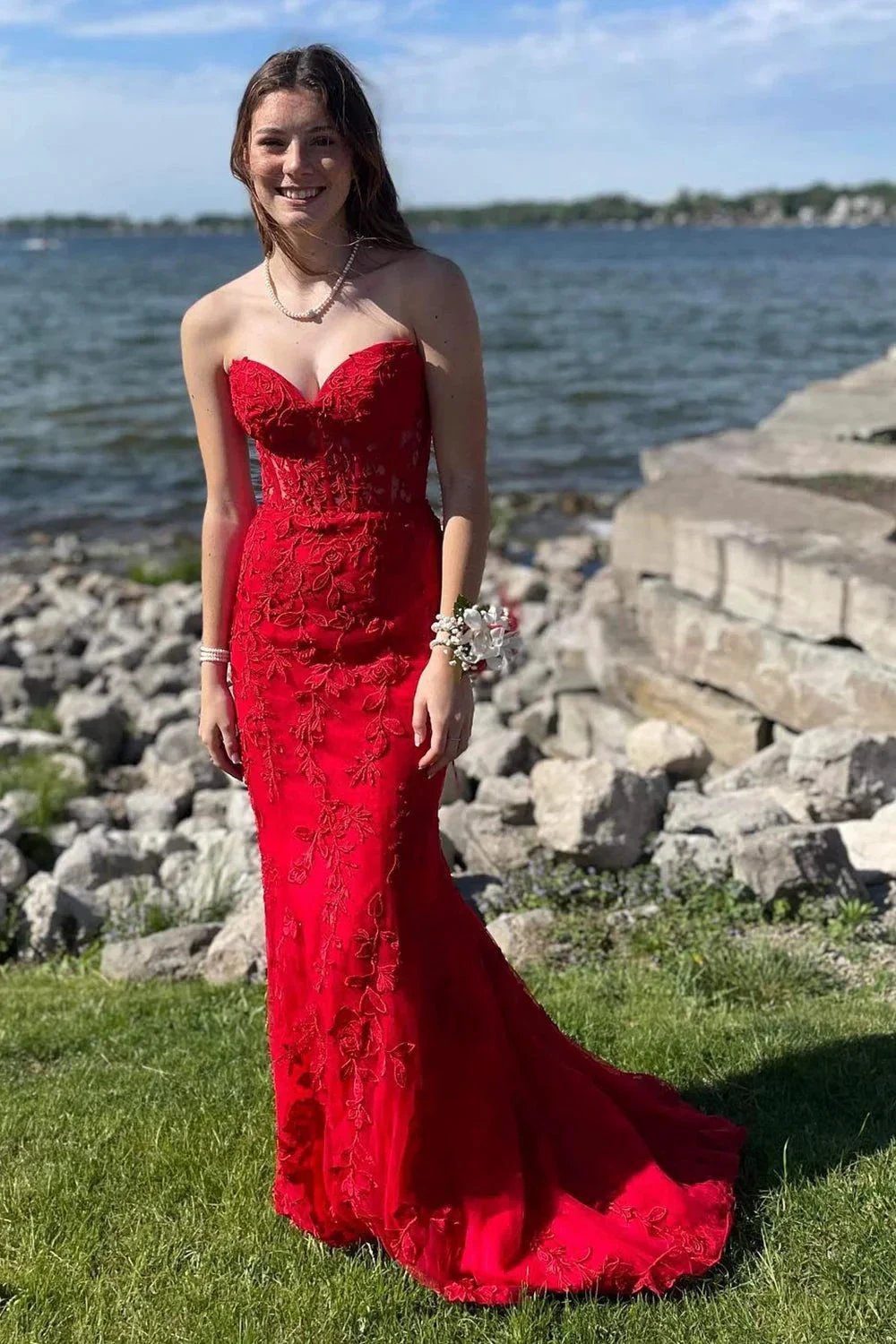 Black Strapless Mermaid Prom Dress With Lace Appliques PSK460 by pgmdress