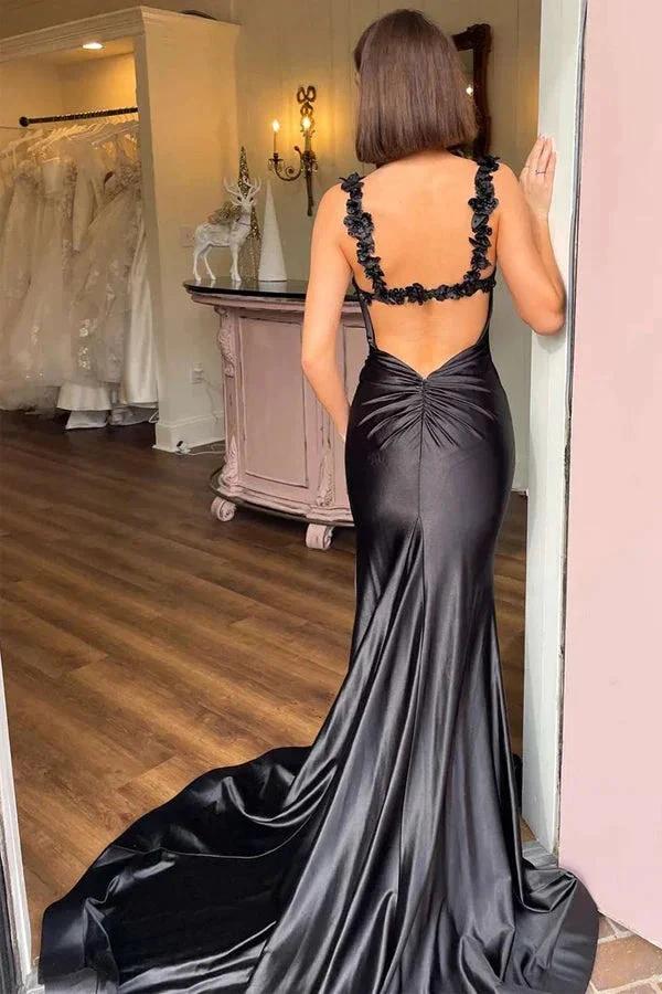 Satin Floral Mermaid Black Long Prom Dress Formal Dress PSK527 by pgmdress