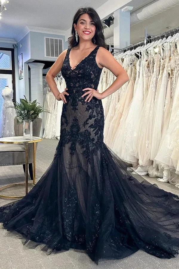Black Tulle Appliques V-Neck Trumpet Long Wedding Dress WD699 by pgmdress