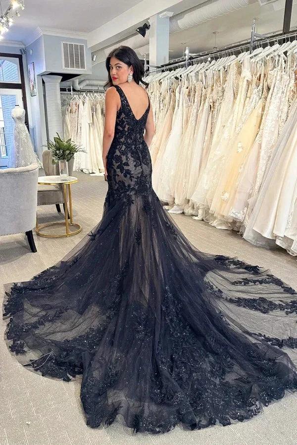 Black Tulle Appliques V-Neck Trumpet Long Wedding Dress WD699 by pgmdress