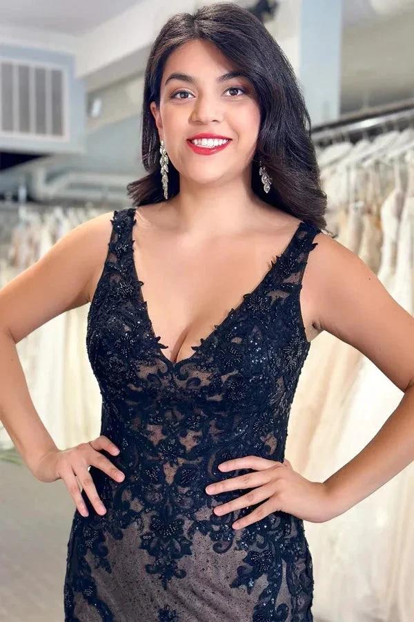 Black Tulle Appliques V-Neck Trumpet Long Wedding Dress WD699 by pgmdress