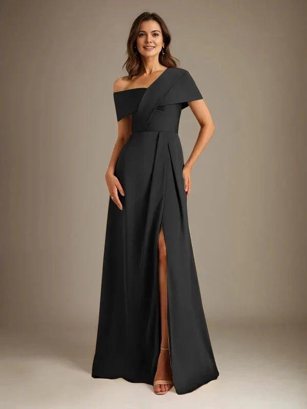 A-Line Asymmetrical Neckline Floor-Length Satin Mother of the Bride Dress With Pleated by Dreamylily