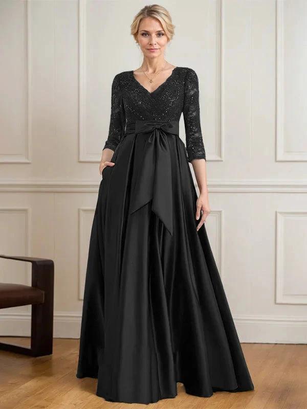 A-line V-Neck Floor-Length Satin Lace Mother of the Bride Dress With Sequins Bow by Dreamylily
