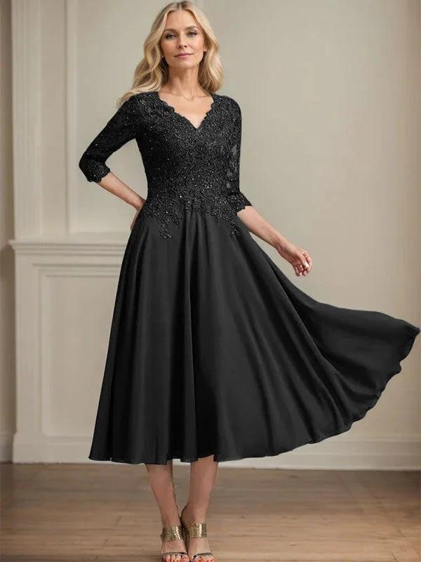 A-line V-Neck Tea-Length Chiffon Lace Mother of the Bride Dress With Beading Sequins by Dreamylily