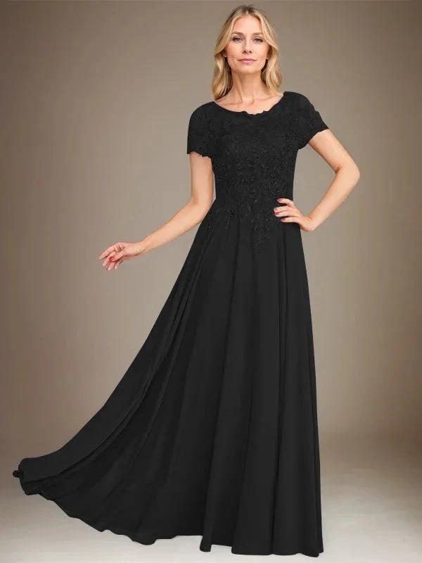 A-Line Scoop Floor-Length Chiffon Mother of the Bride Dress With Applique &amp; Sequins by Dreamylily