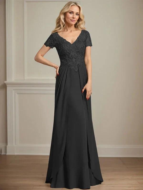 A-line V-Neck Floor-Length Chiffon Lace Mother of the Bride Dress by Dreamylily