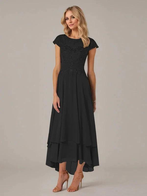 A-line Boat Neck Illusion Asymmetrical Chiffon Lace Mother of the Bride Dress With Applique Pleats by Dreamylily