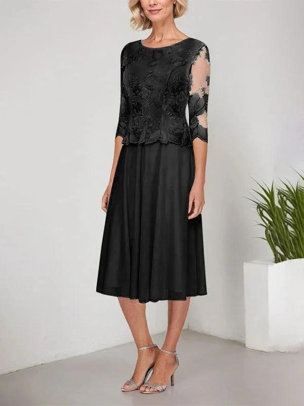 A-line Scoop Tea-Length Lace Chiffon Mother of the Bride Dress With Embroidery by Dreamylily