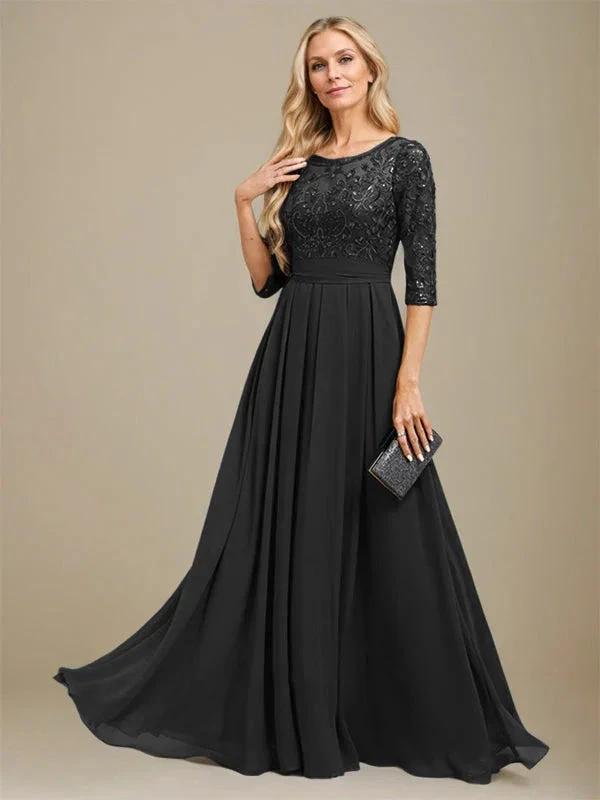 A-Line Scoop Floor-Length Lace Chiffon Mother Of the Bride Dress With Sequins Applique by Dreamylily