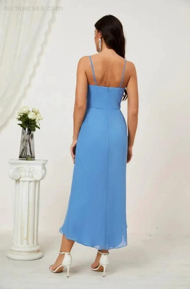 Numbersea Spaghetti Chiffon V Neck Bridesmaid Dress Mid-Length Slit Formal Prom Dress Homecoming Dress 2803 by numbersea