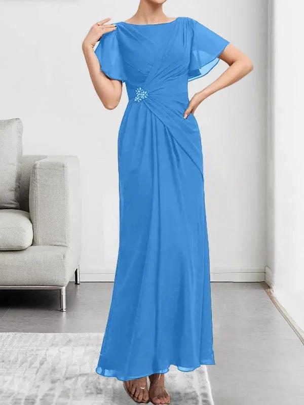 A-line Scoop Ankle-Length Chiffon Mother of the Bride Dress With Beading Pleated by Dreamylily