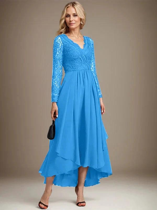 A-line V-Neck Asymmetrical Lace Chiffon Mother of the Bride Dress by Dreamylily