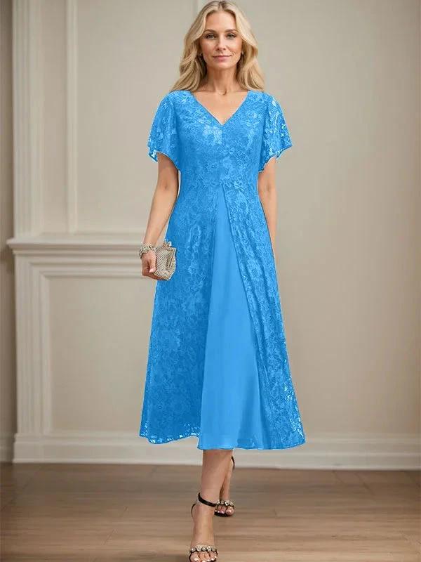 A-line V-Neck Tea-Length Lace Chiffon Mother of the Bride Dress by Dreamylily