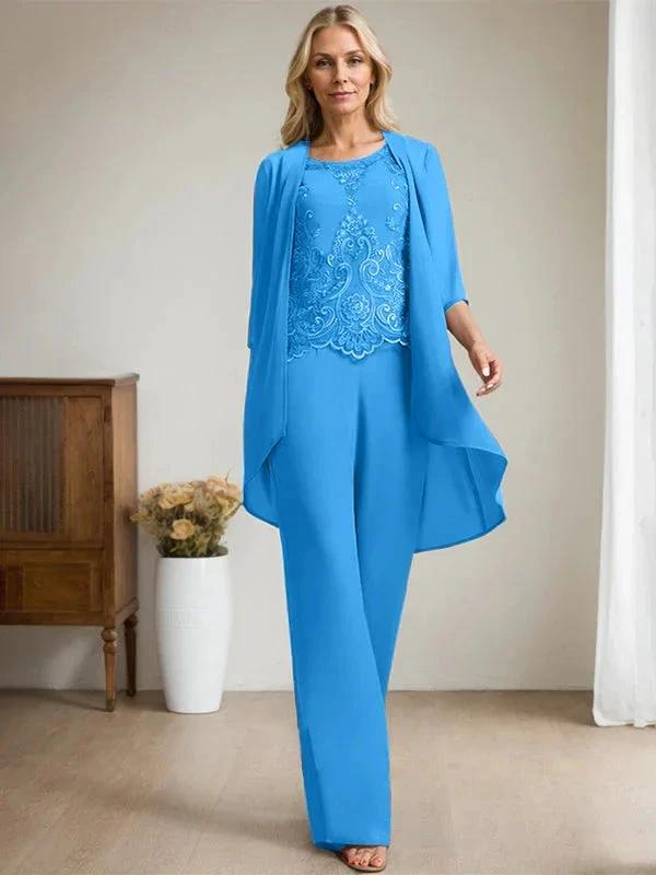 Separates Jumpsuit/Pantsuit Scoop Floor-Length Chiffon Lace Mother of the Bride Dress With Beading Sequins by Dreamylily