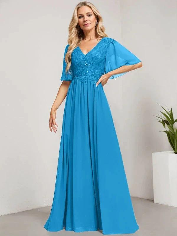 A-line V-Neck Floor-Length Lace Chiffon Mother of the Bride Dress With Sequins by Dreamylily