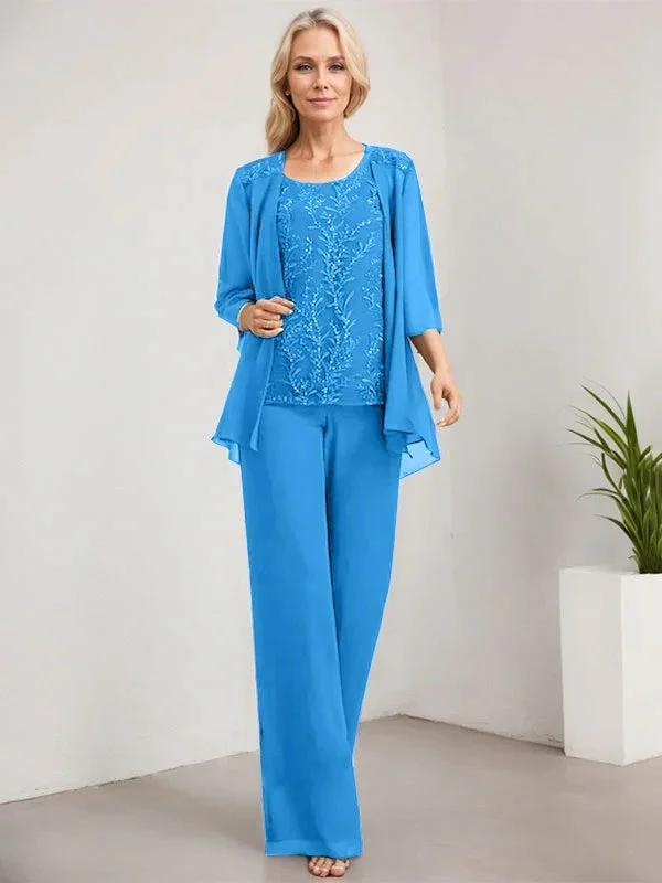 Separates Jumpsuit/Pantsuit Scoop Floor-Length Lace Chiffon Mother of the Bride Dress With Sequins by Dreamylily