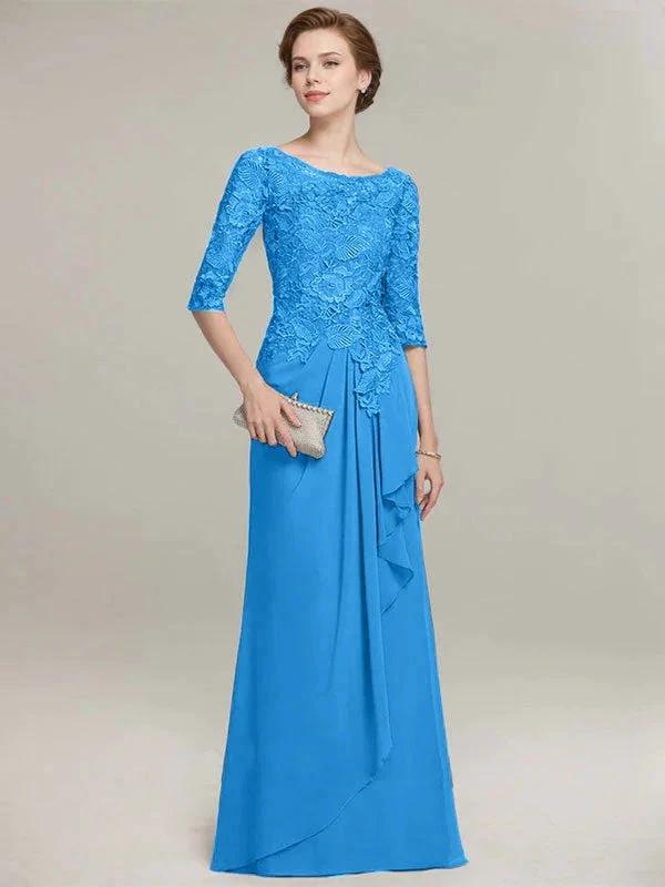 A-line Scoop Illusion Floor-Length Lace Chiffon Mother of the Bride Dress With Cascading Ruffles by Dreamylily
