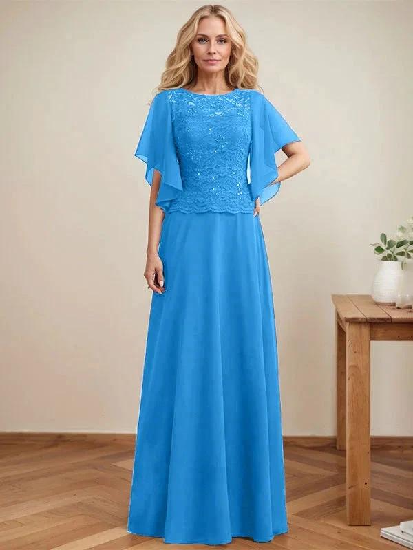 A-line Scoop Illusion Floor-Length Lace Chiffon Mother of the Bride Dress With Sequins by Dreamylily