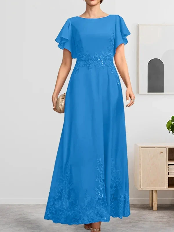 Abito da madre della sposa in chiffon di pizzo con scollo a U, lunghezza alla caviglia, linea a trapezio, con paillettes