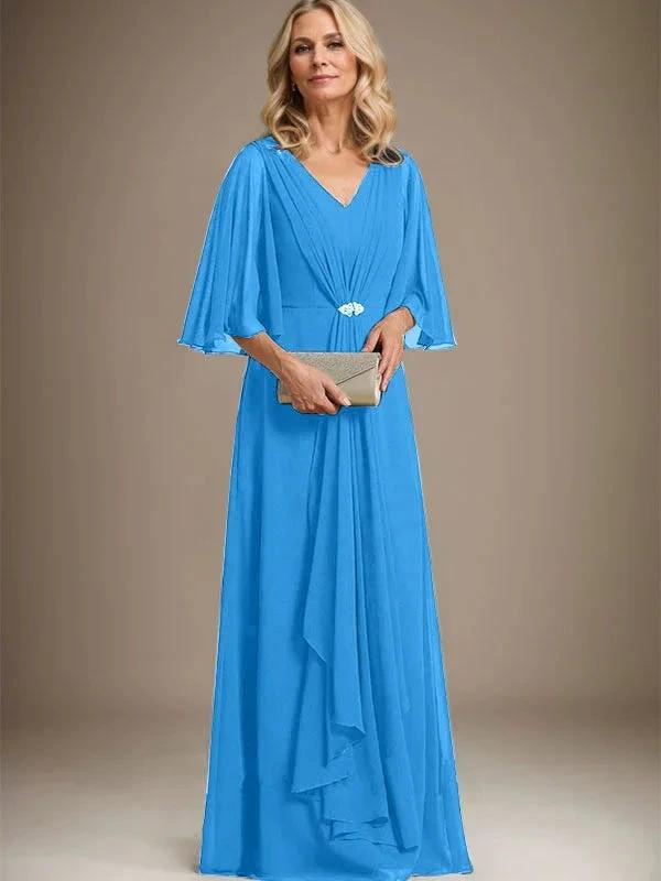 A-line V-Neck Floor-Length Chiffon Mother of the Bride Dress With Cascading Ruffles Crystal Brooch by Dreamylily