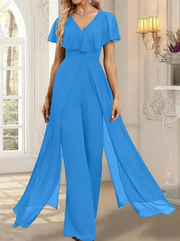 Jumpsuit/Pantsuit V-Neck Floor-Length Chiffon Evening Dress by Dreamylily