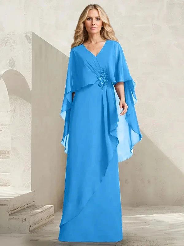 A-line V-Neck Floor-Length Chiffon Mother of the Bride Dress With Cascading Ruffles Beading by Dreamylily