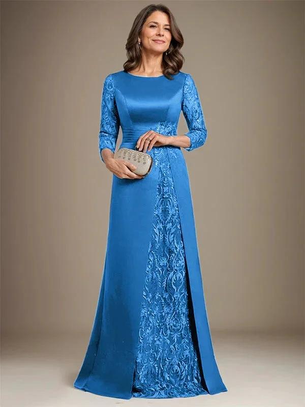 A-Line Scoop Floor-Length Lace Satin Mother Of the Bride Dress With Applique by Dreamylily