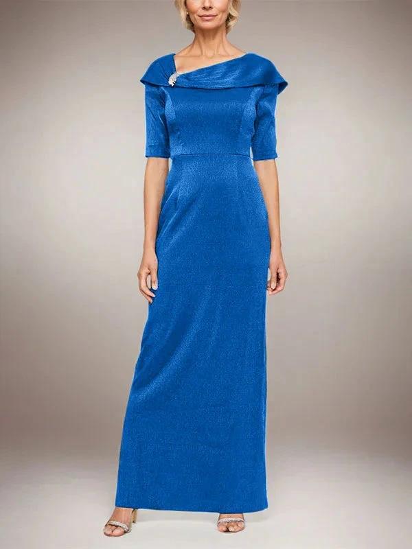 Long Shimmer Column Dress with Foldover Cuff L-Neckline and Elbow Sleeves by Dreamylily