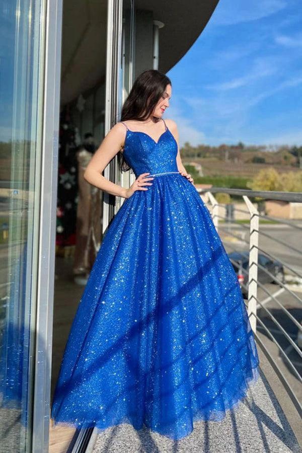 Blue A-Line Tulle Long Prom Dress Sparkly Formal Evening Dresses PSK394 by pgmdress