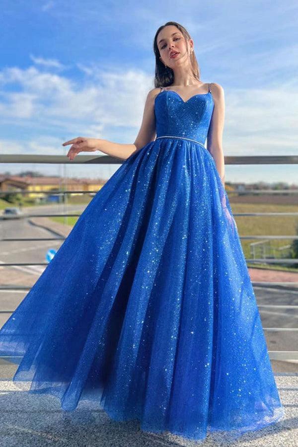 Blue A-Line Tulle Long Prom Dress Sparkly Formal Evening Dresses PSK394 by pgmdress