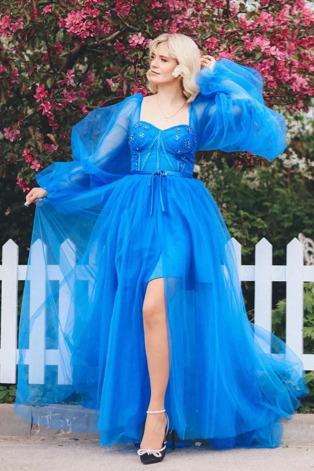 Blue Lace Applique Illusion Sleeves Tulle Long Prom Dress with Slit PSK468 by pgmdress