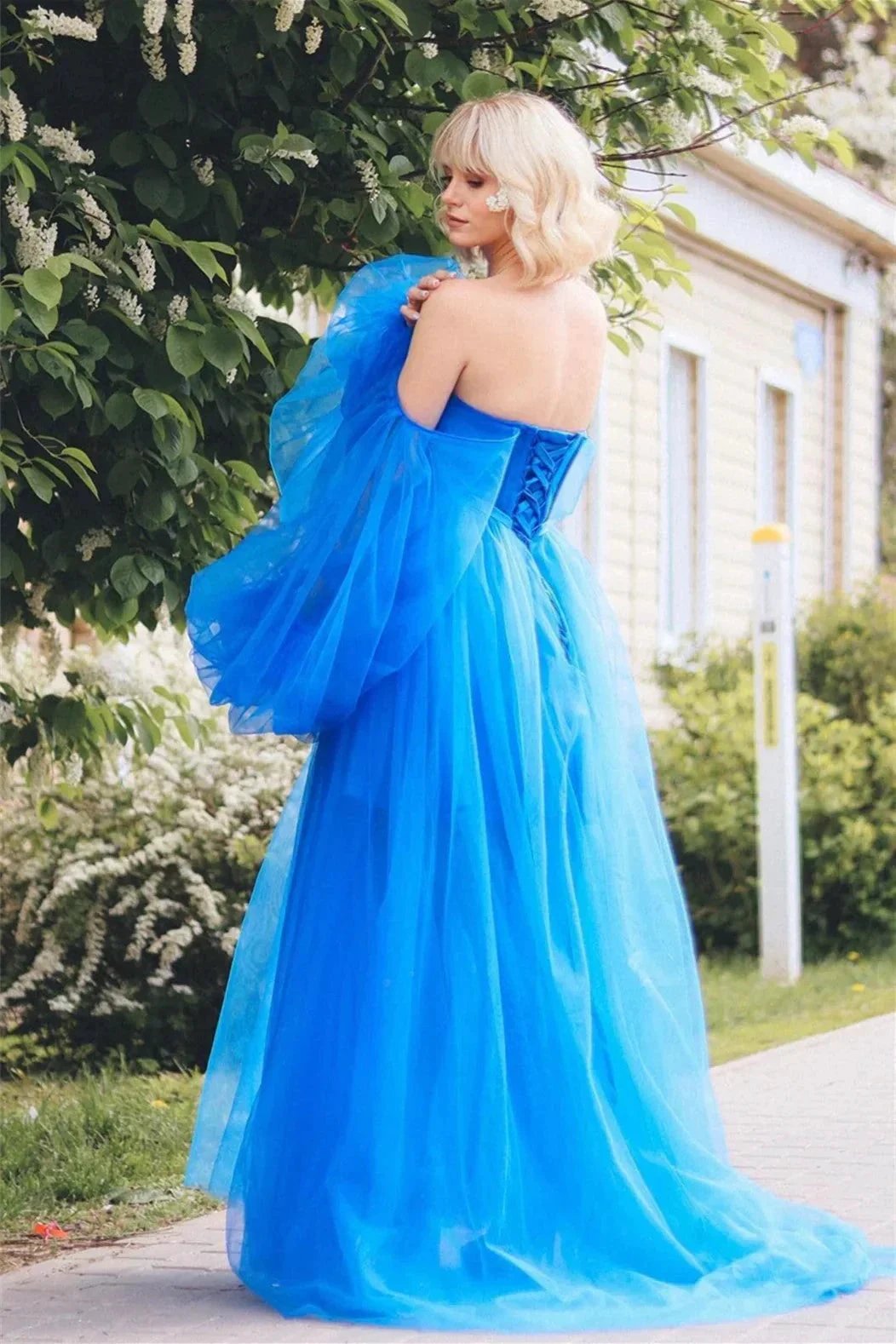 Blue Lace Applique Illusion Sleeves Tulle Long Prom Dress with Slit PSK468 by pgmdress