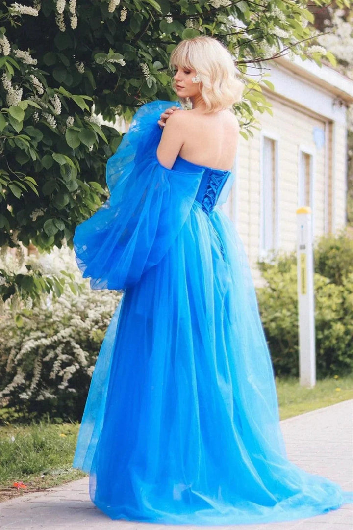 Blue Lace Applique Illusion Sleeves Tulle Long Prom Dress with Slit PSK468 by pgmdress
