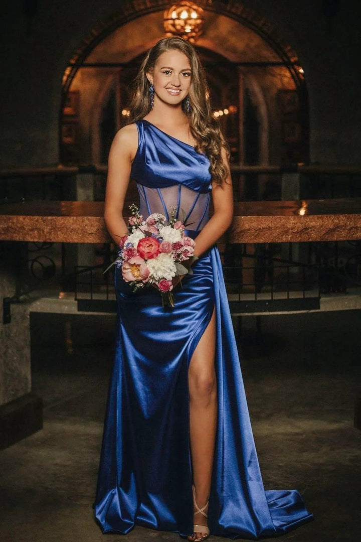 Valerie |Sheath One Shoulder Pleated Satin Long Prom Dress by KissProm