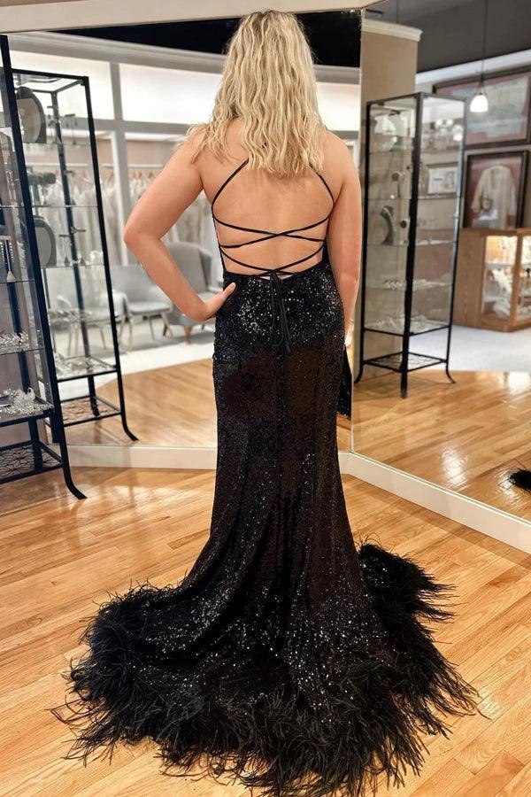 Blue Sequin Feather Back Mermaid Sparkly Long Prom Dress with Slit PSK419 by pgmdress